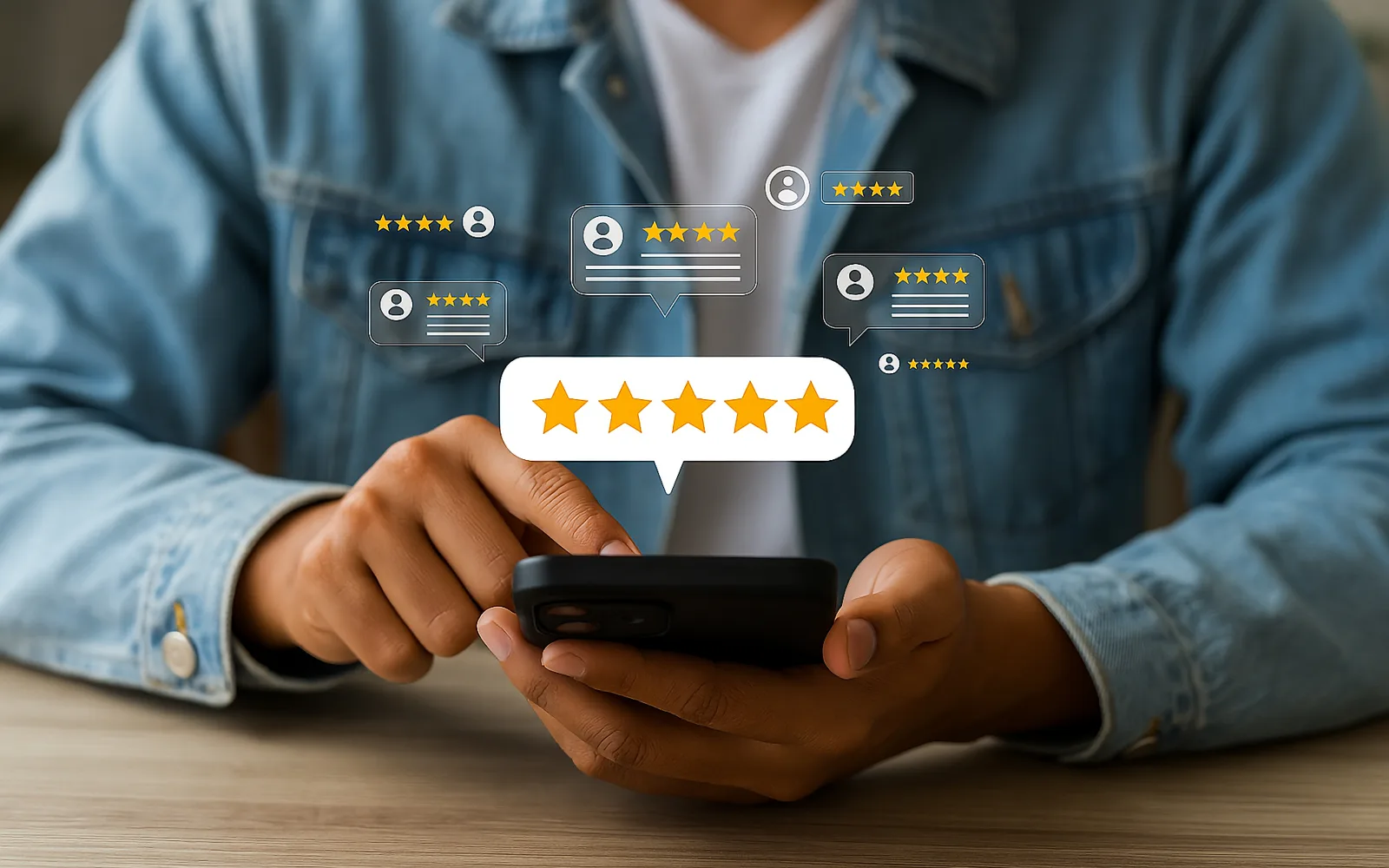 Persona dejando una reseña de cinco estrellas en su teléfono