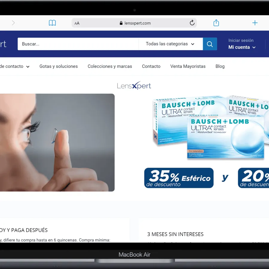 Sitio de LensXpert (Óptica) mostrado en dispositivo